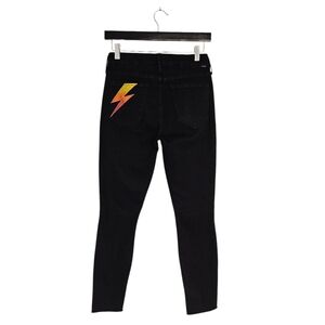 MOTHER Black Skinny Jeans with Yellow-Orange Lightning Bolt